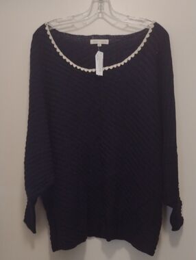 Angel Women's Black Loose-Fitting Crewneck Sweater with White Trim (J1324)
